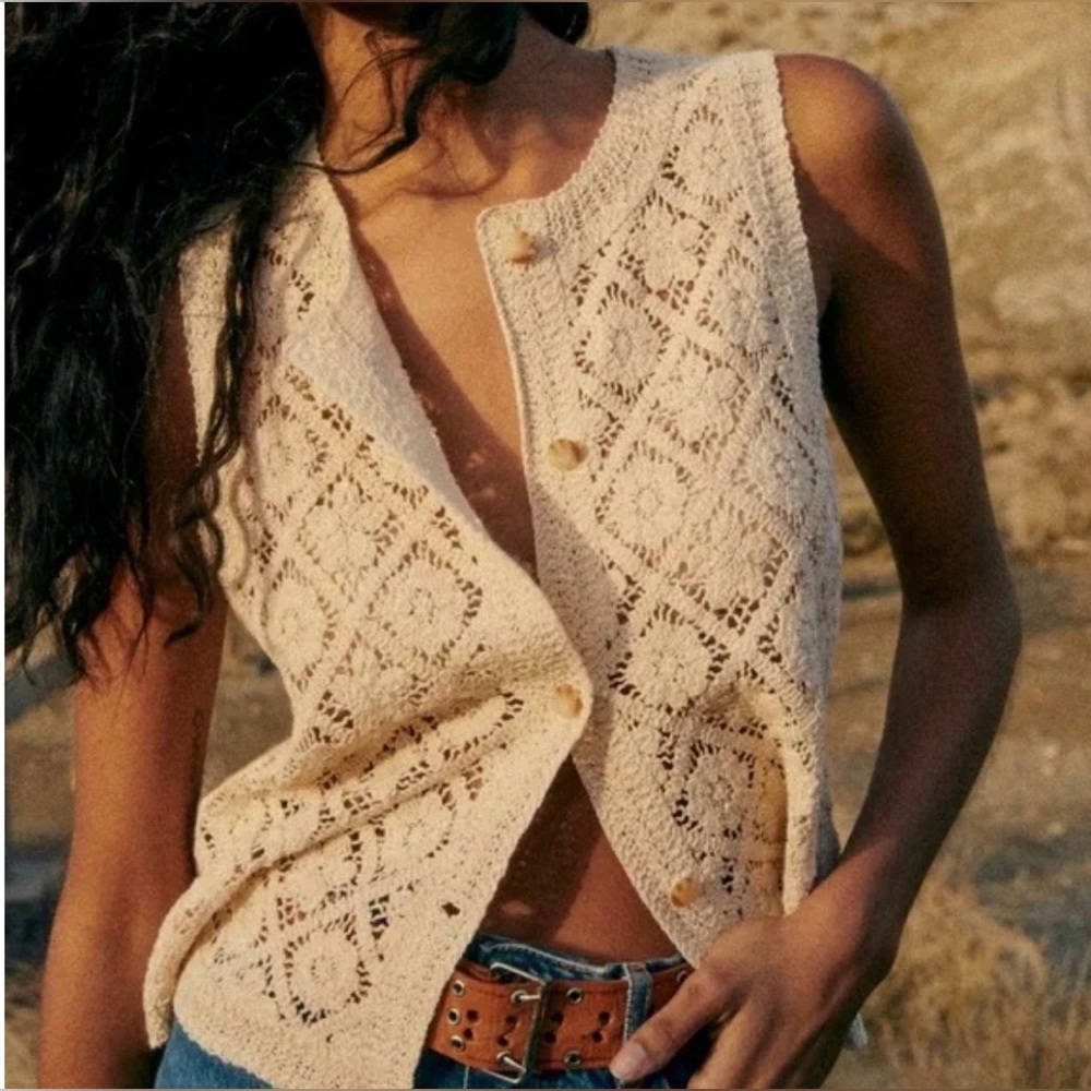 Sezane Ron Top Vest Ecru Crochet Button-Up Vest NWT XL Size 14